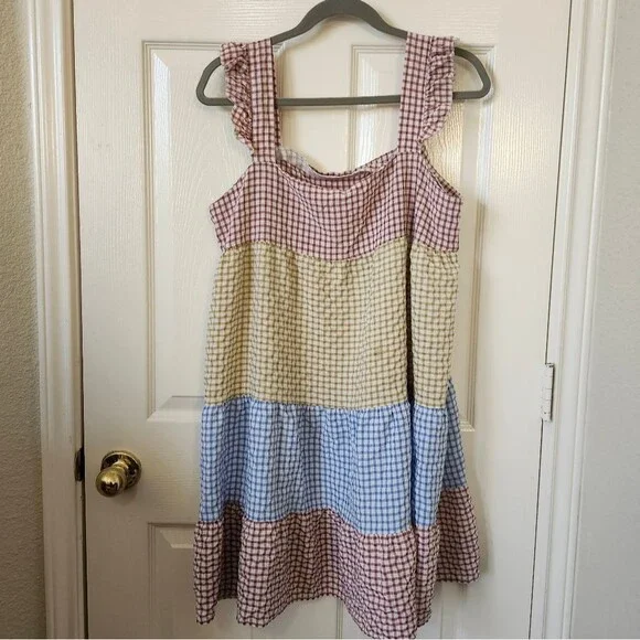 Boutique Gingham Blue Yellow Brown Plaid Ruffle Tiered Mini Dress XL - Picture 7 of 9